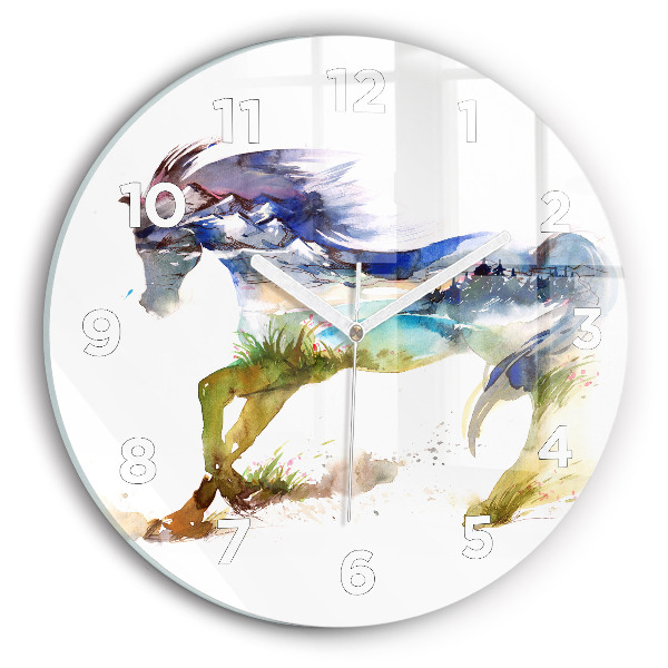 Round glass wall clock Painted Mountains and Horse