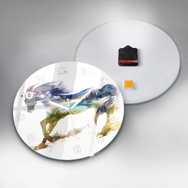 Round glass wall clock Painted Mountains and Horse