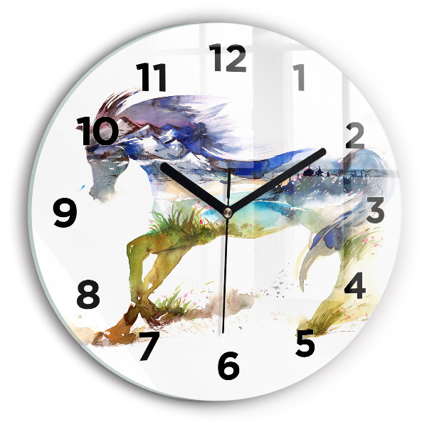 Round glass wall clock Painted Mountains and Horse