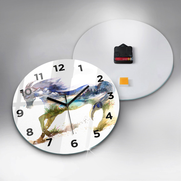 Round glass wall clock Painted Mountains and Horse