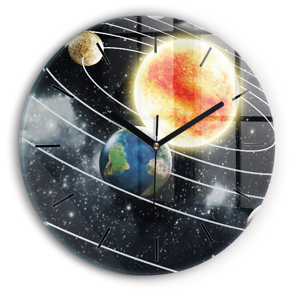 Round glass wall clock The solar system
