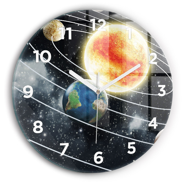 Round glass wall clock The solar system
