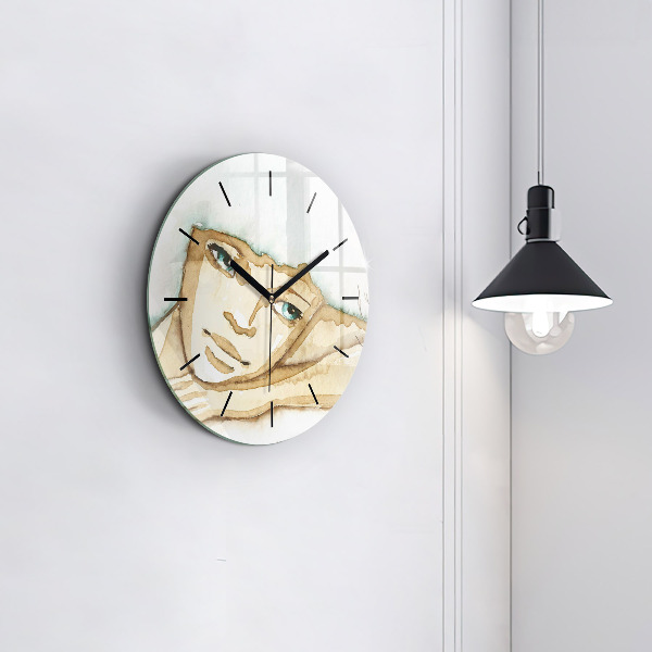 Round glass wall clock Portrait of a woman