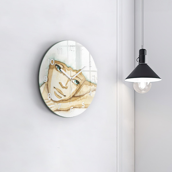 Round glass wall clock Portrait of a woman