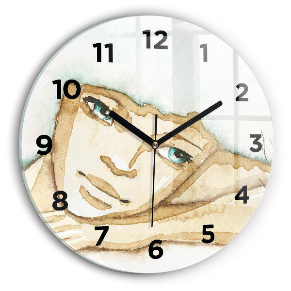 Round glass wall clock Portrait of a woman