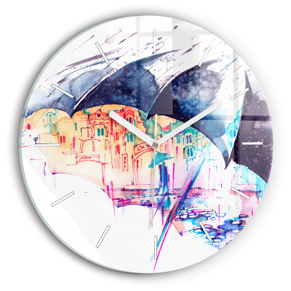 Round glass wall clock Rain umbrella and city