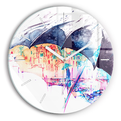 Round glass wall clock Rain umbrella and city