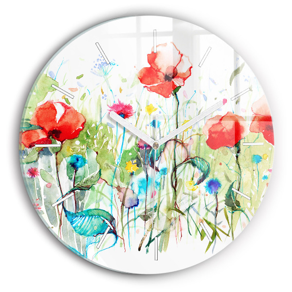 Round glass wall clock Flowers in the meadow