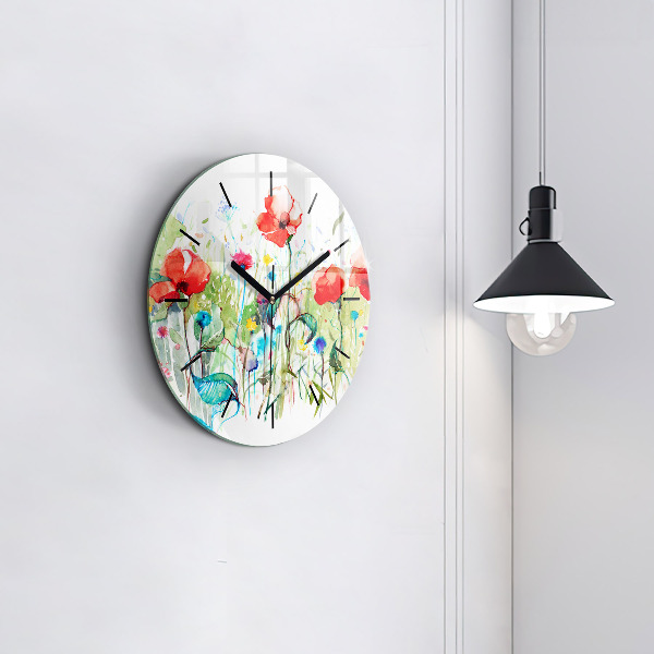 Round glass wall clock Flowers in the meadow