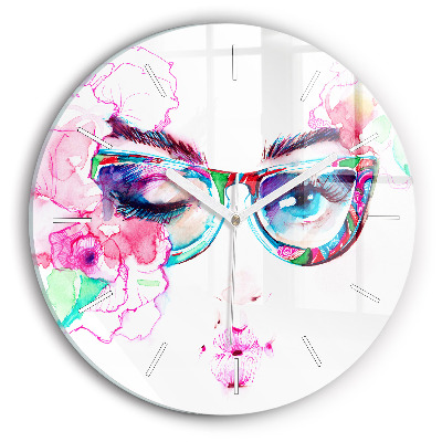 Round glass wall clock Woman with glasses