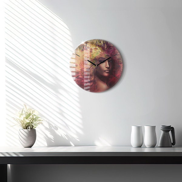 Round glass wall clock Portrait of a woman