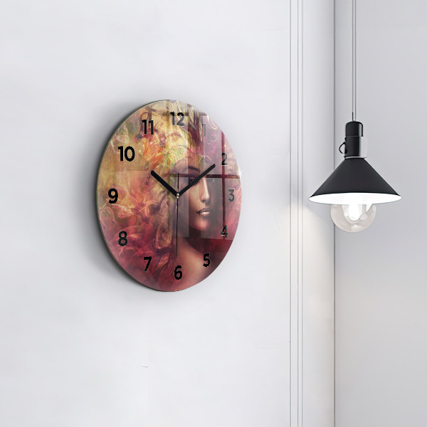 Round glass wall clock Portrait of a woman
