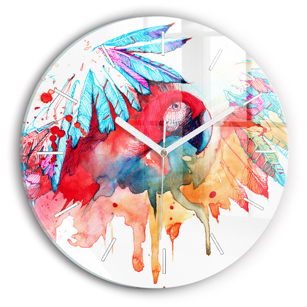 Round glass wall clock Colorful red parrot