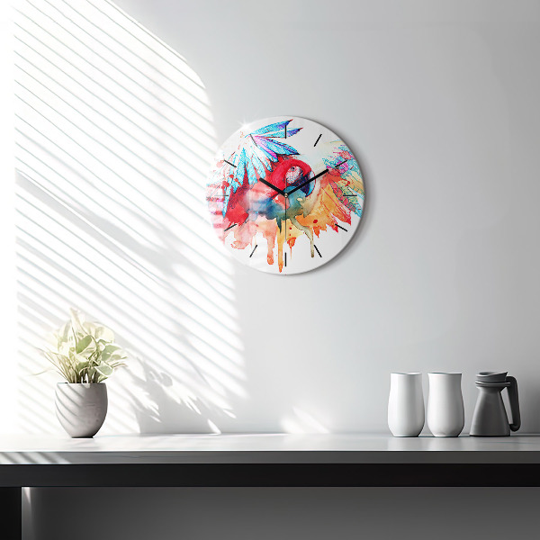 Round glass wall clock Colorful red parrot