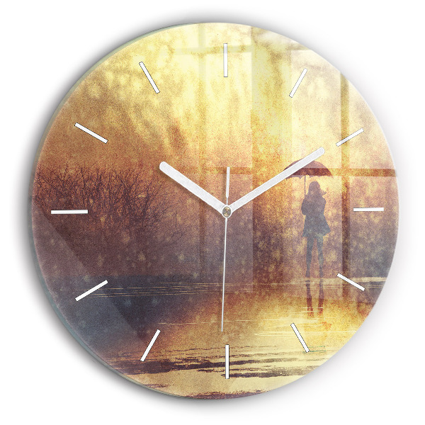 Round glass wall clock woman with umbrella