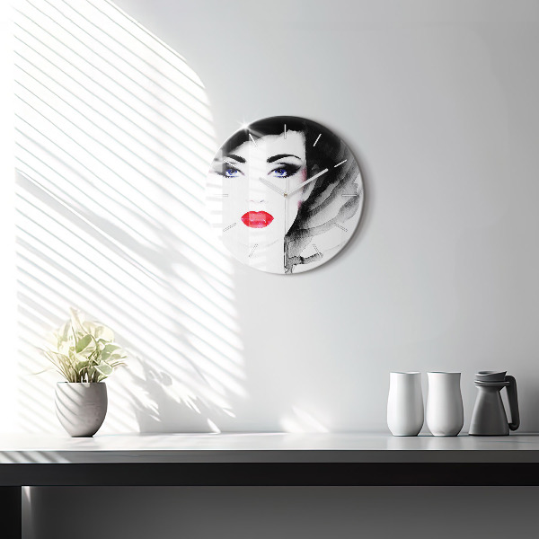 Round glass wall clock Portrait of a woman