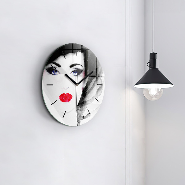 Round glass wall clock Portrait of a woman