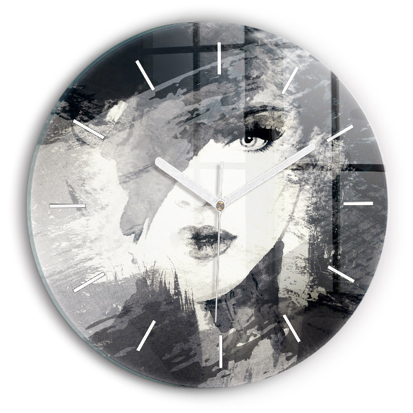 Round glass wall clock Woman - watercolors