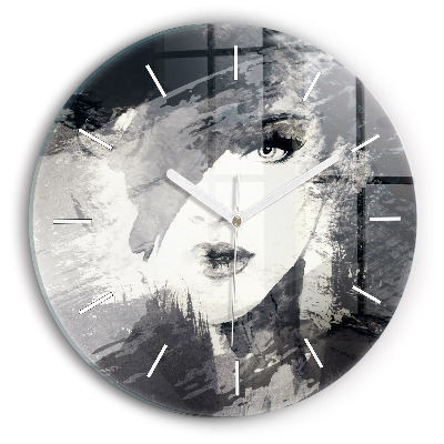 Round glass wall clock Woman - watercolors