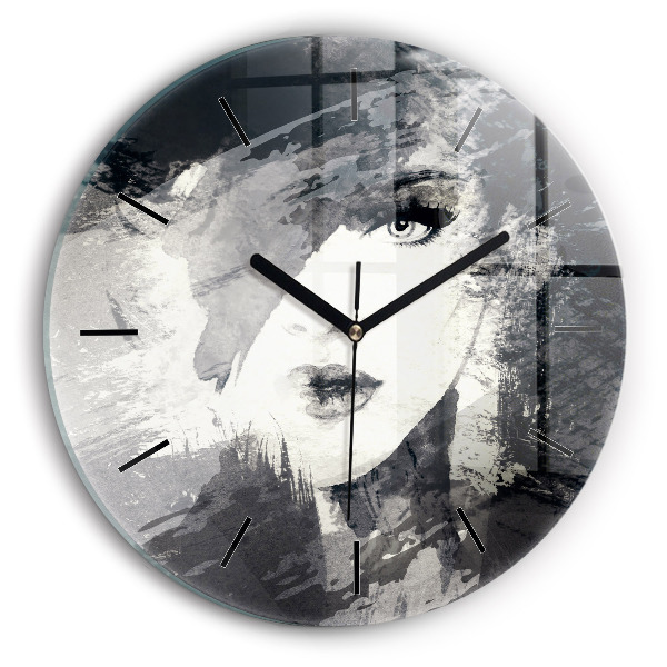 Round glass wall clock Woman - watercolors