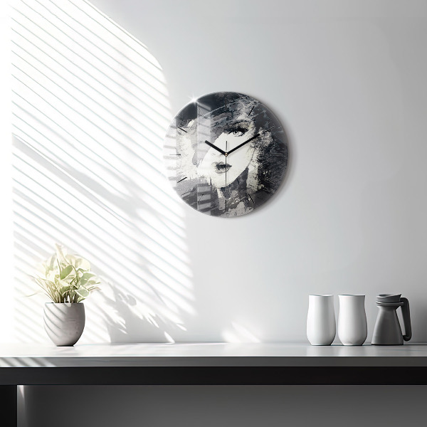 Round glass wall clock Woman - watercolors