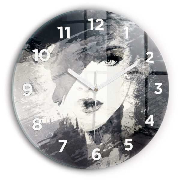 Round glass wall clock Woman - watercolors