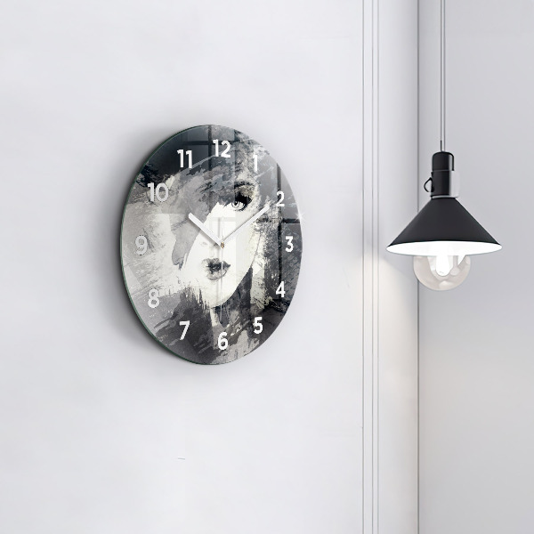 Round glass wall clock Woman - watercolors