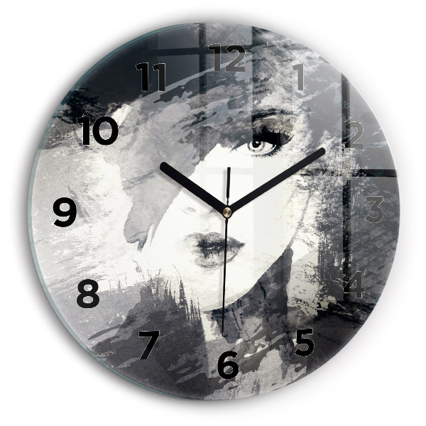 Round glass wall clock Woman - watercolors