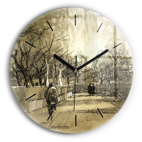 Round glass wall clock Park and trees in sepia