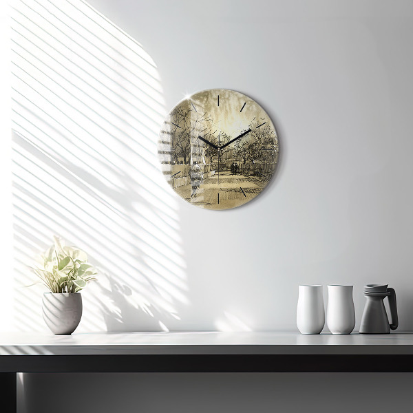 Round glass wall clock Park and trees in sepia