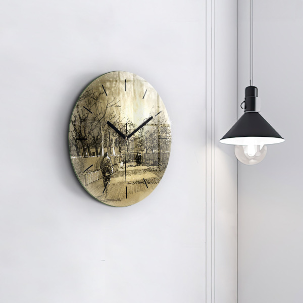 Round glass wall clock Park and trees in sepia
