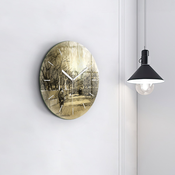 Round glass wall clock Park and trees in sepia