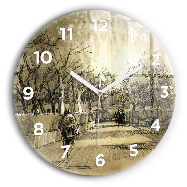 Round glass wall clock Park and trees in sepia