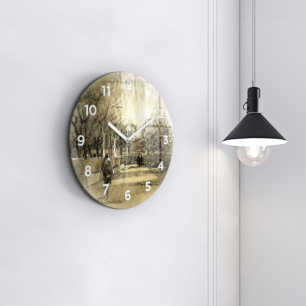 Round glass wall clock Park and trees in sepia