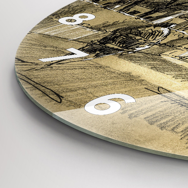 Round glass wall clock Park and trees in sepia