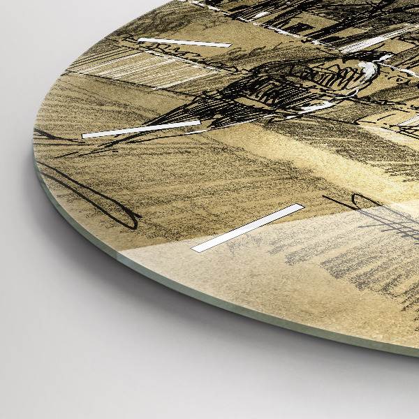 Round glass wall clock Park and trees in sepia