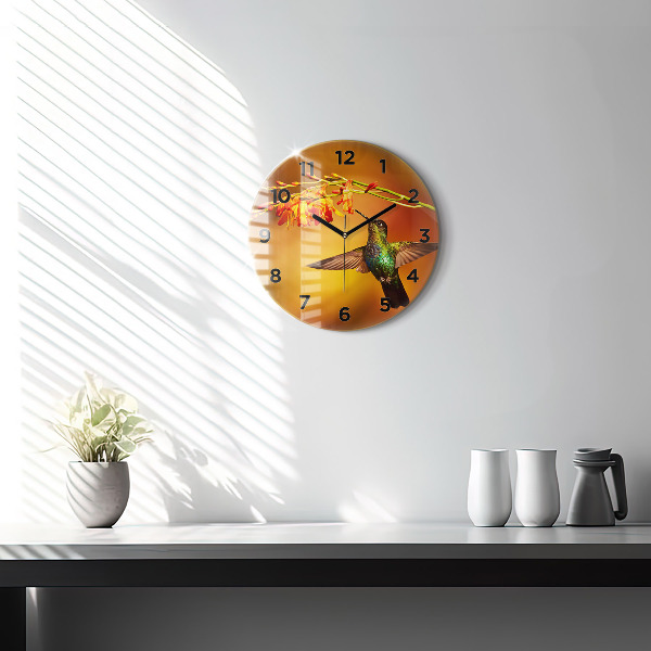 Round glass wall clock Hummingbird bird