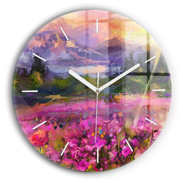 Round glass wall clock Landscape of nature and flowers