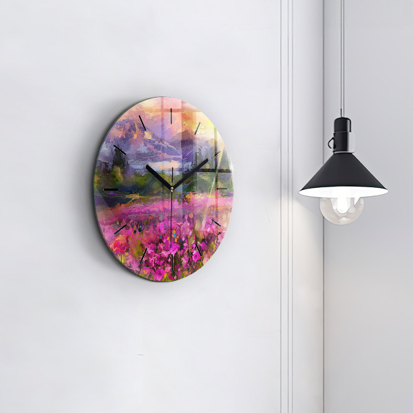 Round glass wall clock Landscape of nature and flowers