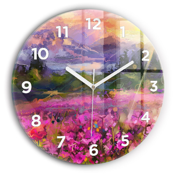 Round glass wall clock Landscape of nature and flowers