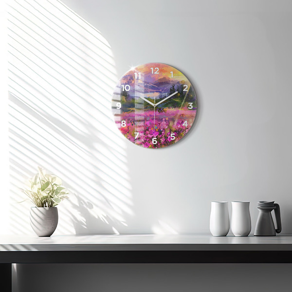 Round glass wall clock Landscape of nature and flowers