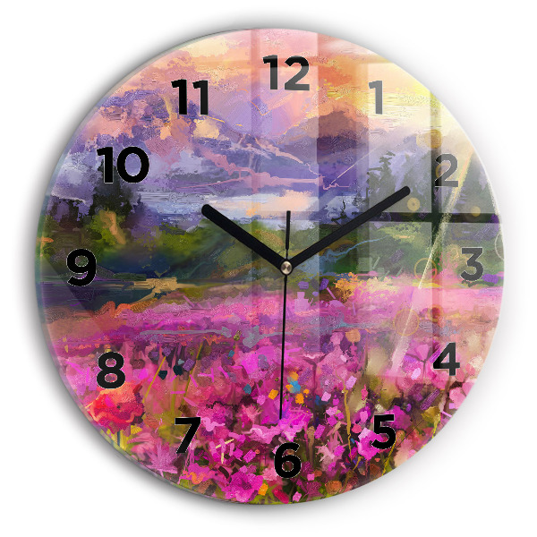 Round glass wall clock Landscape of nature and flowers
