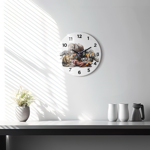 Round glass wall clock Wild animals