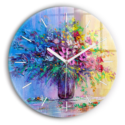 Round glass wall clock Flowers in a vase