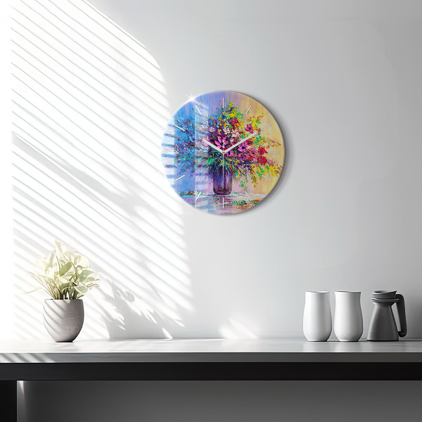 Round glass wall clock Flowers in a vase