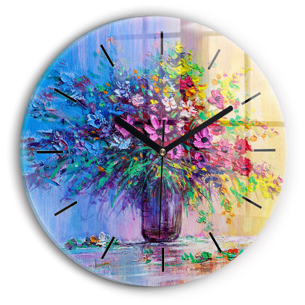 Round glass wall clock Flowers in a vase
