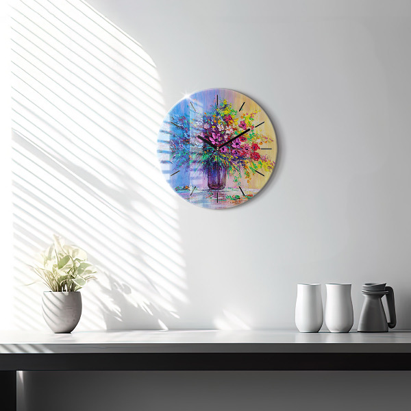 Round glass wall clock Flowers in a vase