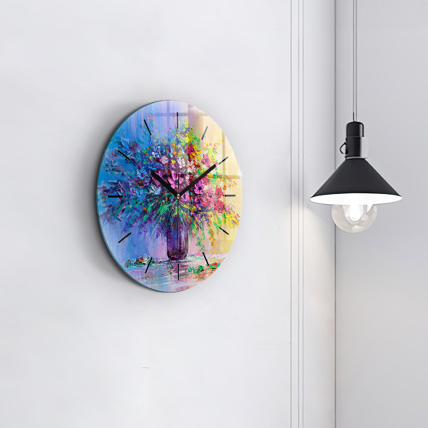 Round glass wall clock Flowers in a vase