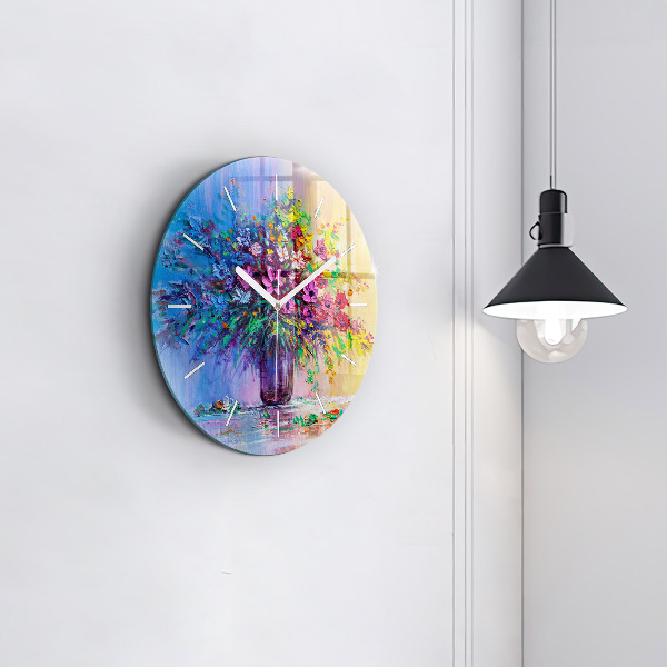 Round glass wall clock Flowers in a vase
