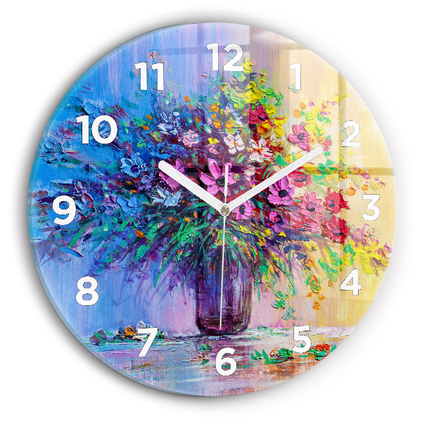 Round glass wall clock Flowers in a vase